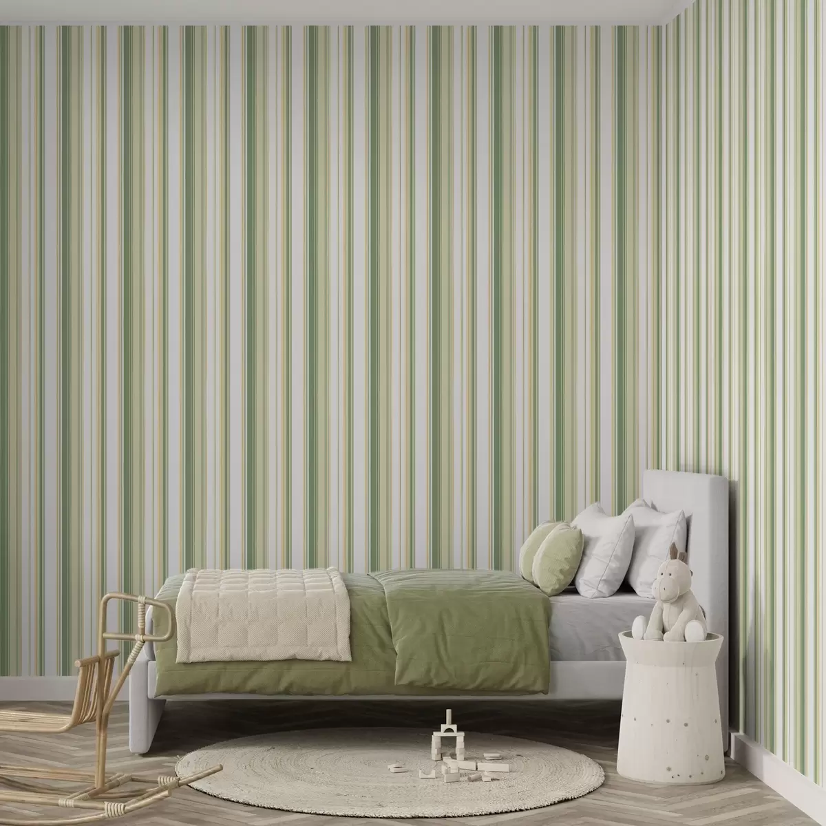 Papier peint Rayures vertes et beiges avec lignes d'accentuation jaunes a00531