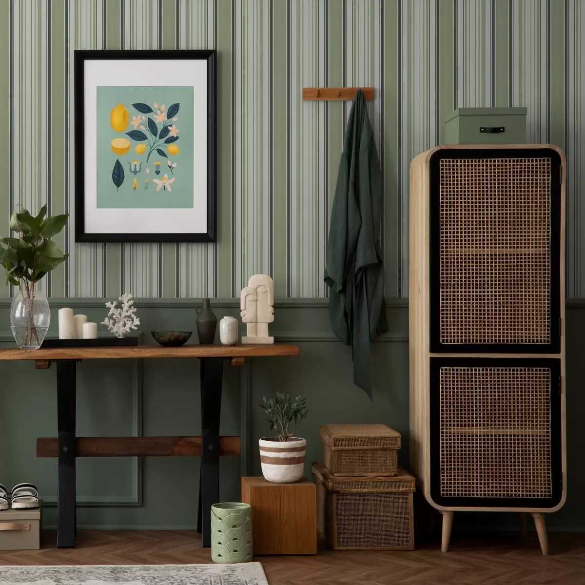 Papier peint Fond crème avec un mélange de rayures vertes et noires a00563