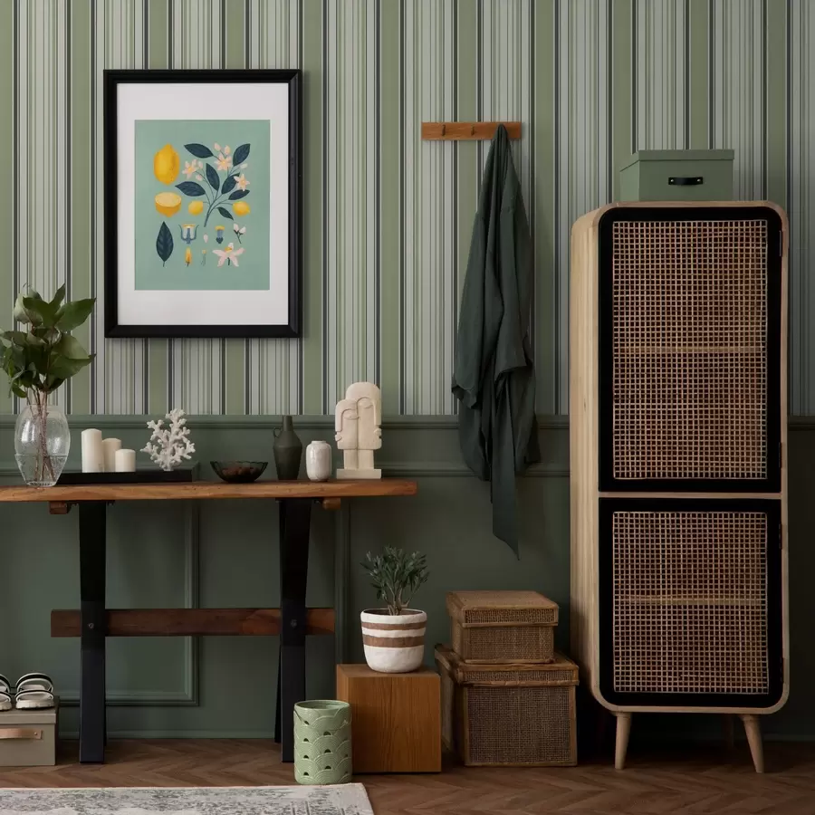 fototapeter Cremefarvet baggrund med en blanding af grønne og sorte striber a00563