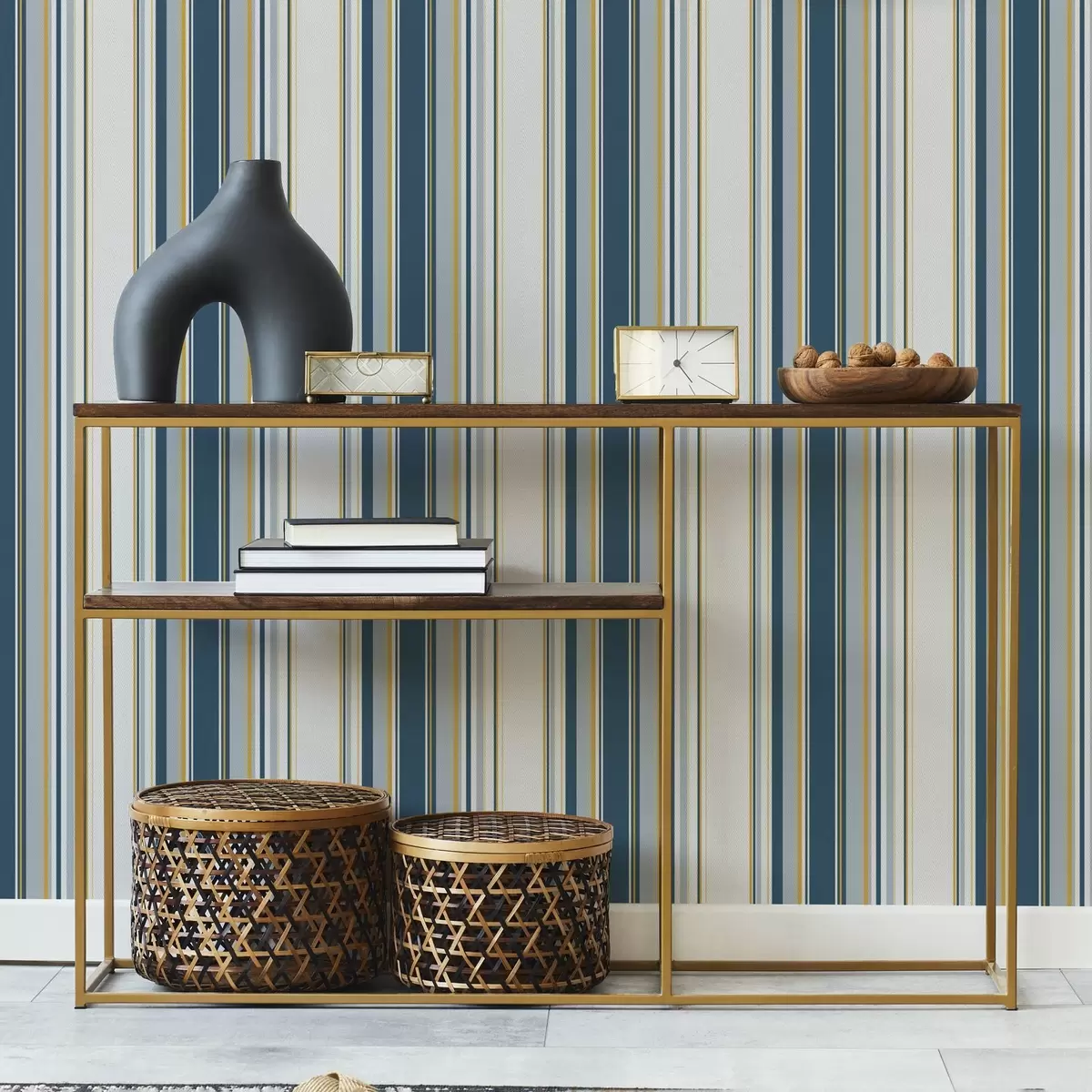 Tapete Kontrastierende blaue und gelbe Streifen auf weißem Hintergrund a00566