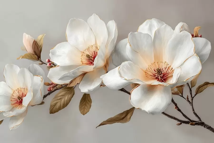 Murale Fleurs délicates sur une branche dans des tons pastel avec des centres orange w09299