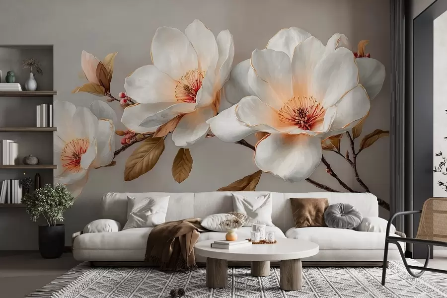 Murale Fleurs délicates sur une branche dans des tons pastel avec des centres orange w09299