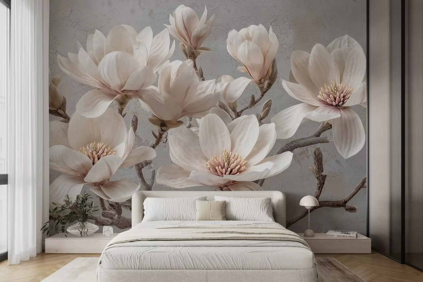 fototapeter Magnoliagrene med store lyse blomster i dæmpede toner w09305