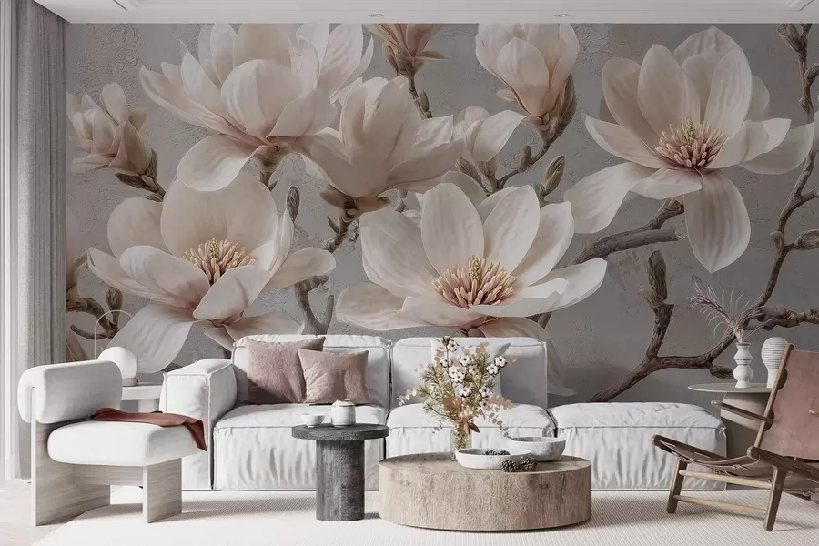 fototapeter Magnoliagrene med store lyse blomster i dæmpede toner w09305