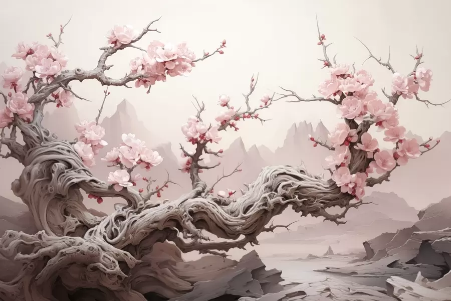fototapeter Snoet træstamme med blomstrende pink sakura w09388