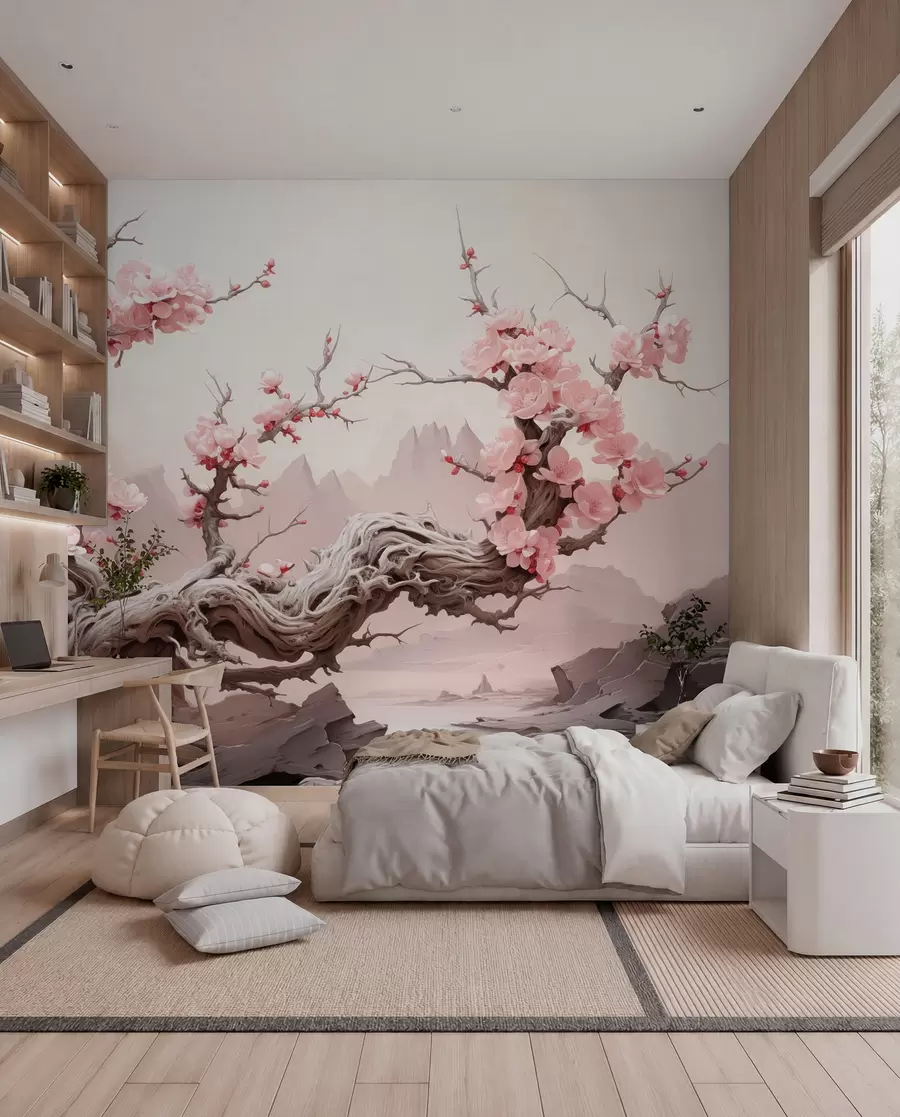 fototapeter Snoet træstamme med blomstrende pink sakura w09388