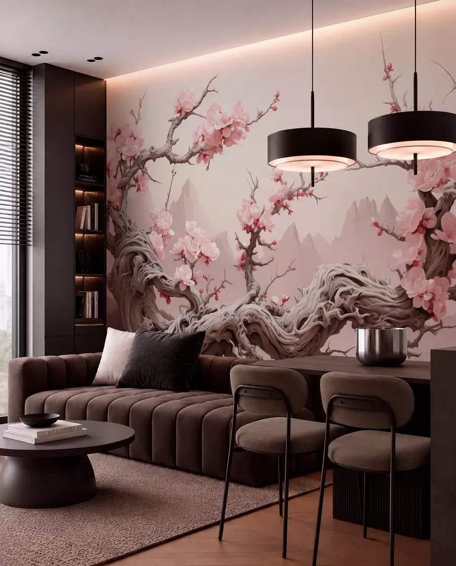 fototapeter Snoet træstamme med blomstrende pink sakura w09388