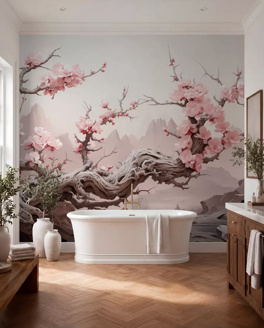 fototapeter Snoet træstamme med blomstrende pink sakura w09388