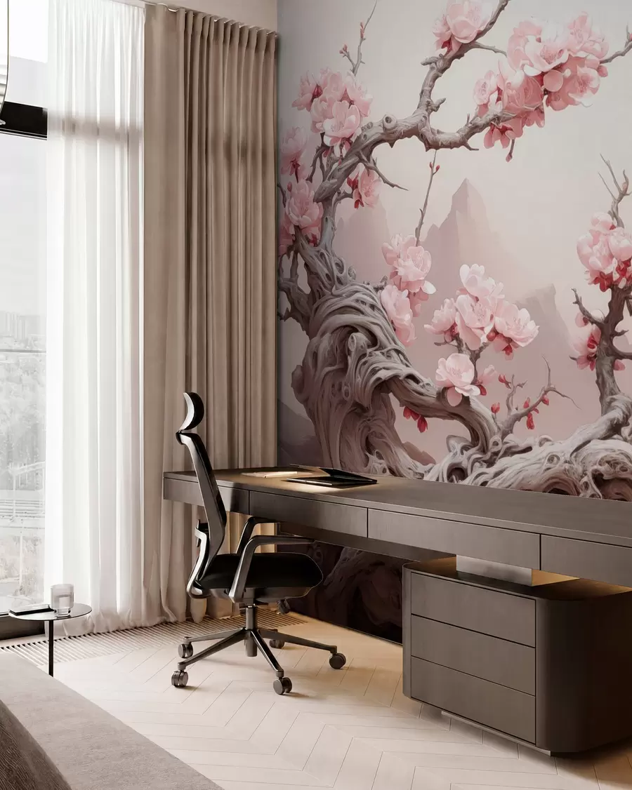 fototapeter Snoet træstamme med blomstrende pink sakura w09388