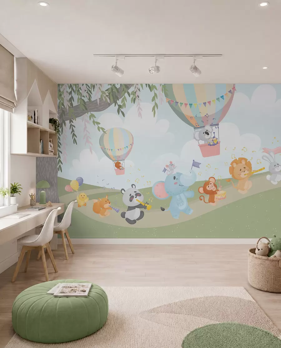 Murale Paysage avec des animaux jouant des instruments de musique w04200