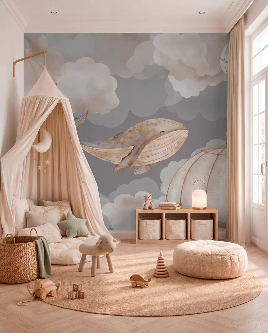 Murale Baleines et montgolfières parmi les nuages cotonneux w04522