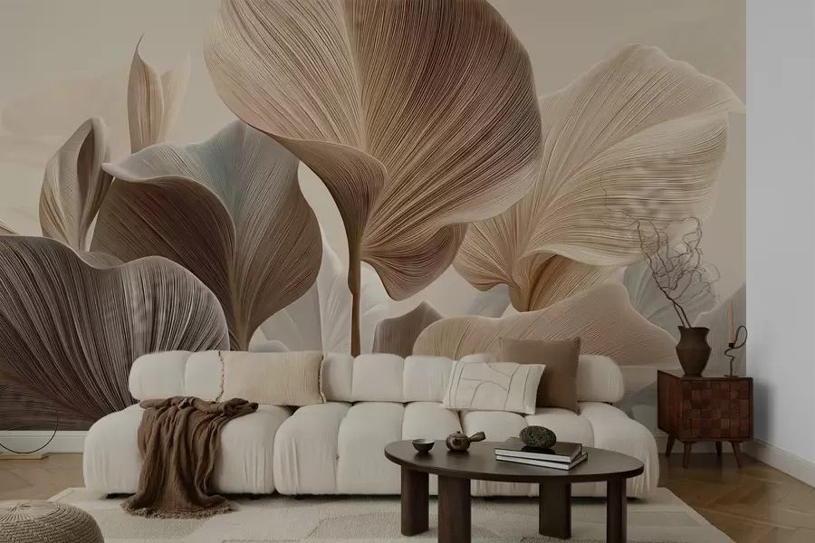 Fototapete Elegante beige Blätter mit feiner linearer Textur w04549