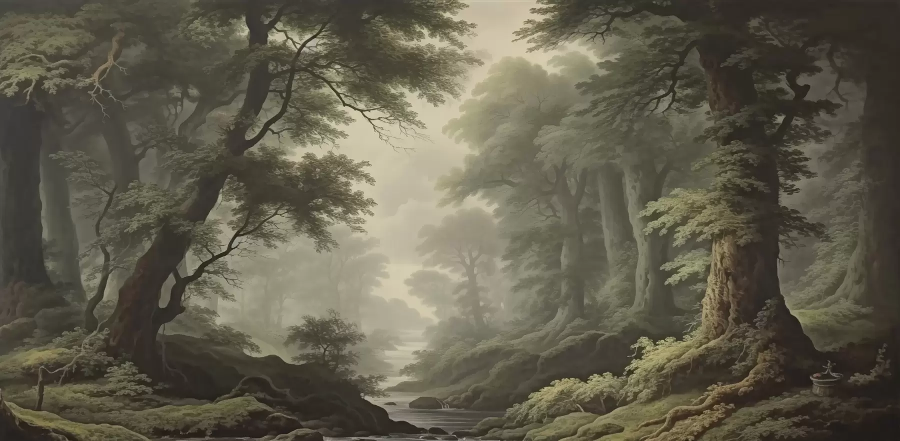 fototapeter Tåget skov med flod og høje gamle træer w04555