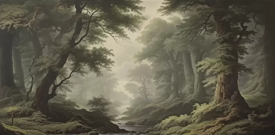 Fototapete Nebelverhangener Wald mit Fluss und hohen alten Bäumen w04555