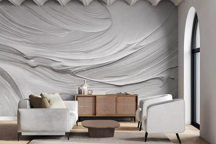 fototapeter Abstrakt tekstureret hvid malingstrøg efterligning med et hvirvlende mønster, neutral, minimalistisk moderne komposition w09394