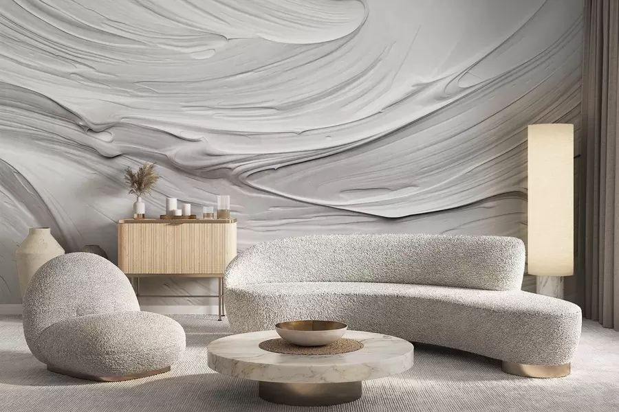 Fototapete Abstrakte, strukturierte weiße Farbstriche in Anlehnung an ein wirbelndes Muster, neutrale, minimalistische, moderne Komposition w09394