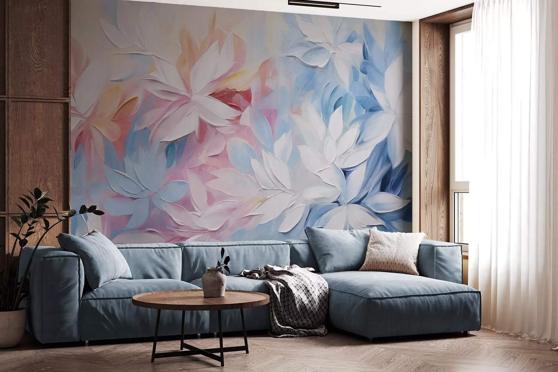 fototapeter Hvide blomster med struktur og lyserøde og blå blade, abstrakt oliemaleri, bløde penselstrøg, pastelfarver  w09396