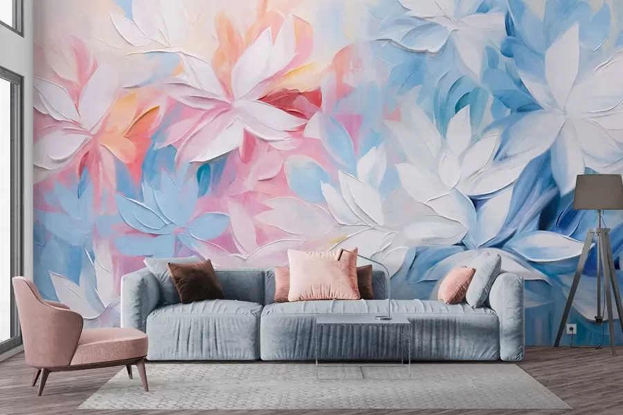 Fototapete Weiße strukturierte Blumen mit rosa und blauen Blättern, Ölgemälde im abstrakten Stil, weiche Pinselstriche, Pastellfarben w09396