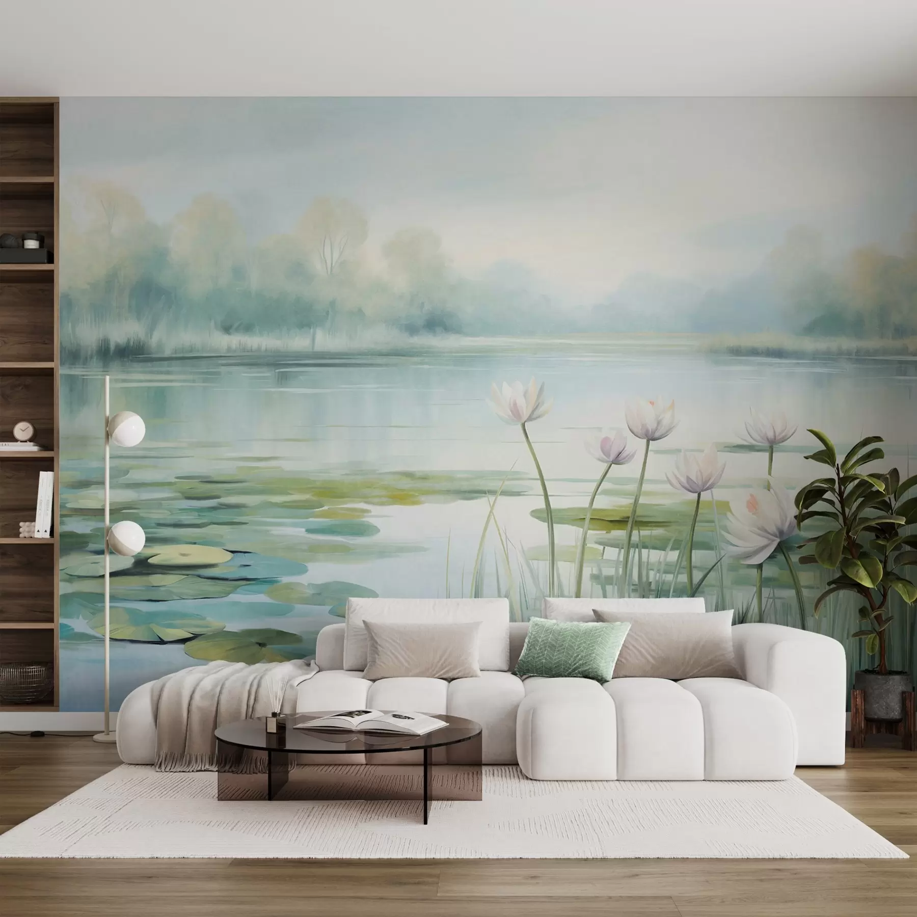 Murale Paysage avec un lac, des nénuphars et des feuilles de nénuphars, des arbres en arrière-plan, dans un environnement calme, tons bleu clair et vert w09395