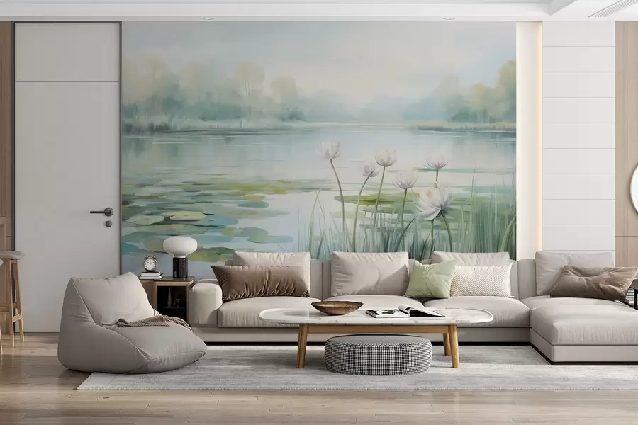 Fototapete Landschaft mit einem See, Seerosen und Seerosenblättern, Bäumen im Hintergrund, in einer ruhigen Umgebung, hellblauen und grünen Farbtönen w09395