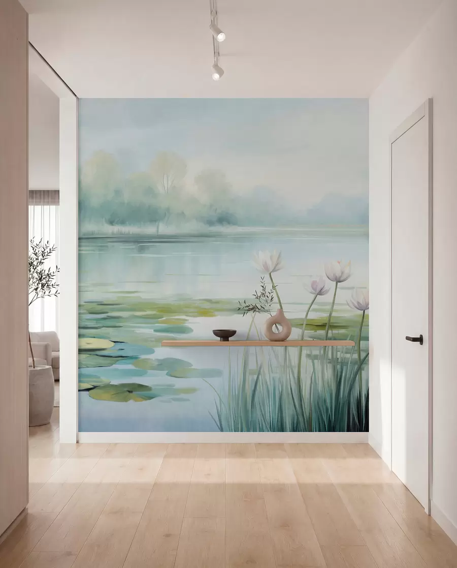fototapeter Landskab med en sø, vandliljer og åkander, træer i baggrunden, i et roligt miljø, lyseblå og grønne toner w09395