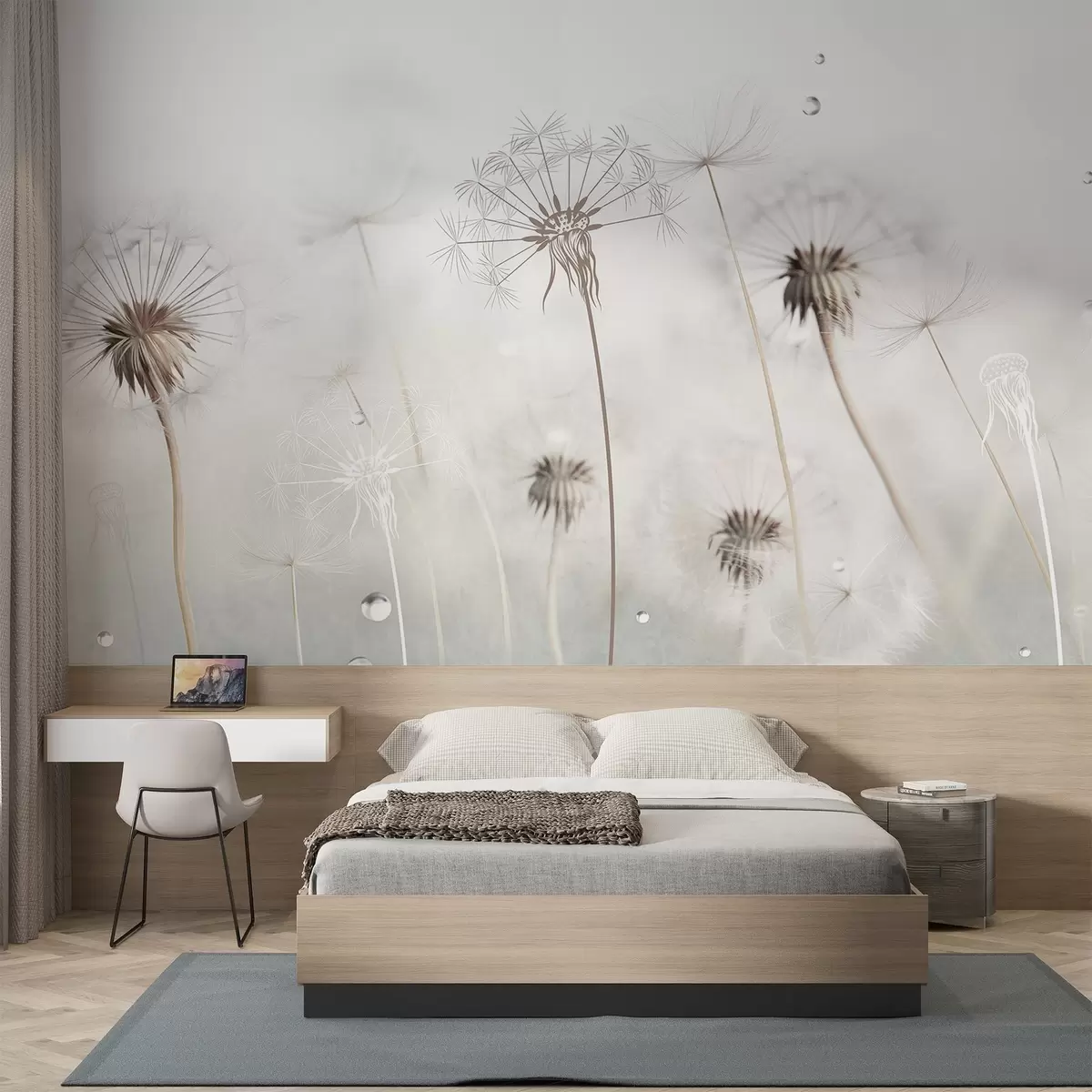 fototapeter Mælkebøtter med vanddråber, hvid baggrund, nærbillede, blødt lys, natur, botanisk, æterisk, delikat, minimalistisk w09399