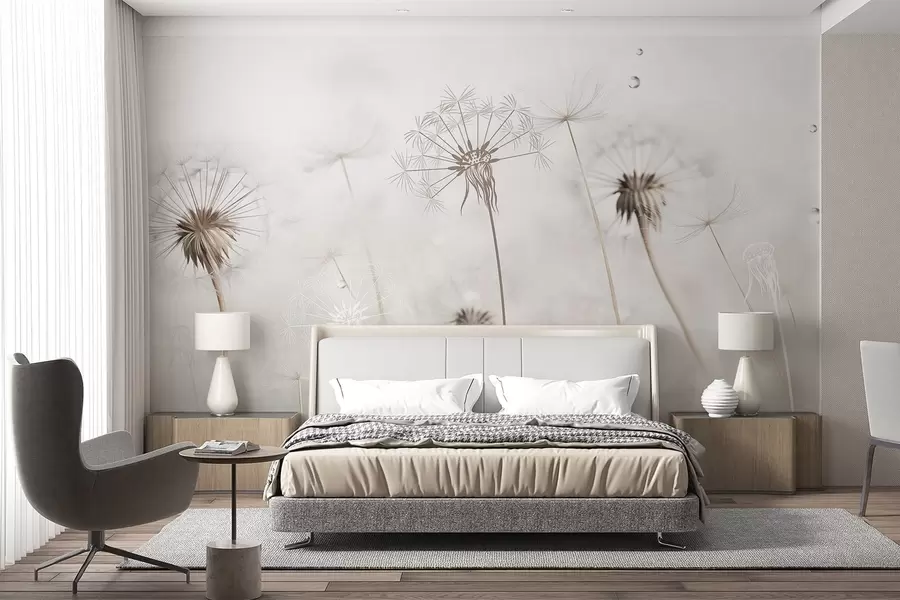fototapeter Mælkebøtter med vanddråber, hvid baggrund, nærbillede, blødt lys, natur, botanisk, æterisk, delikat, minimalistisk w09399