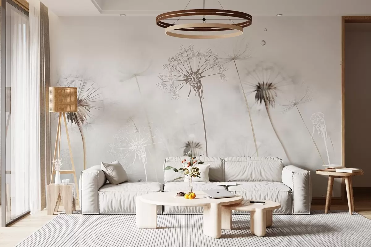 fototapeter Mælkebøtter med vanddråber, hvid baggrund, nærbillede, blødt lys, natur, botanisk, æterisk, delikat, minimalistisk w09399