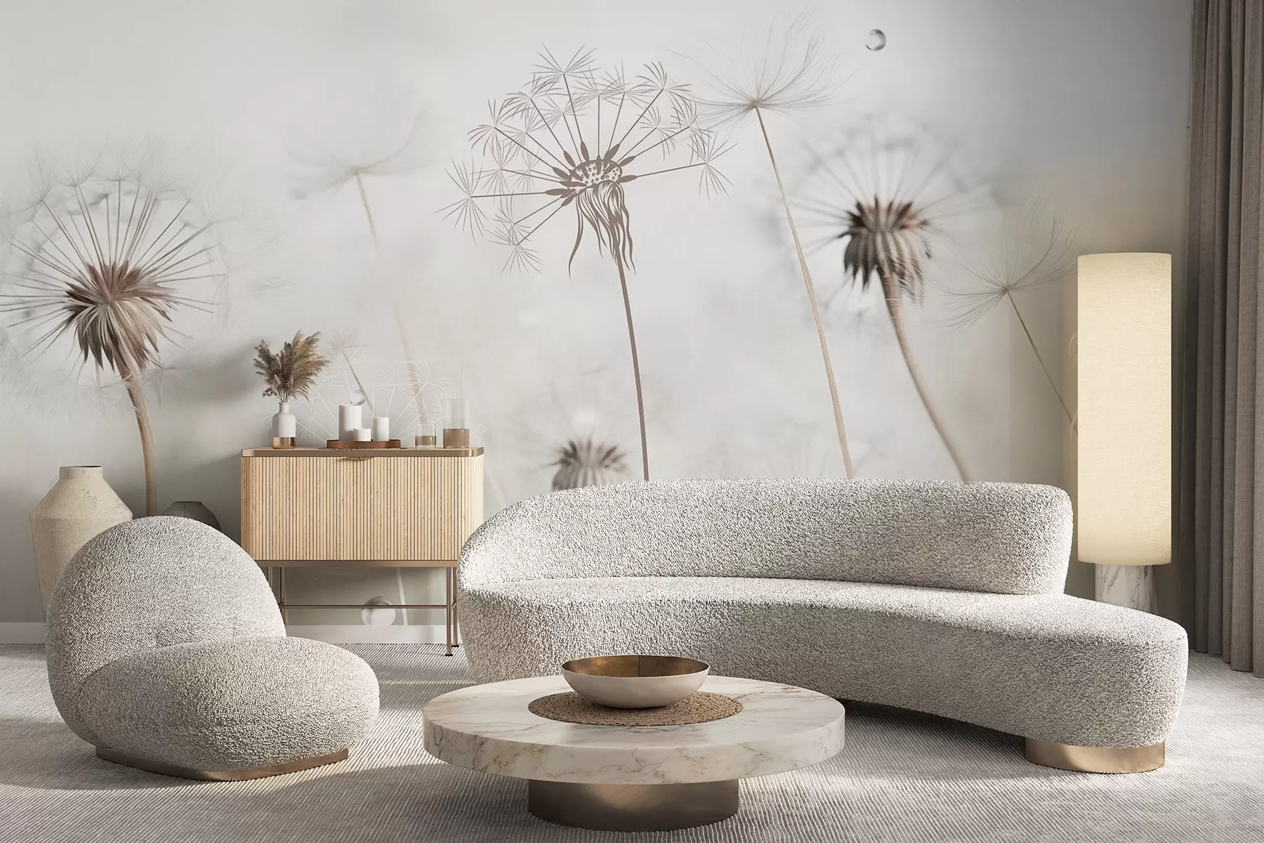 fototapeter Mælkebøtter med vanddråber, hvid baggrund, nærbillede, blødt lys, natur, botanisk, æterisk, delikat, minimalistisk w09399