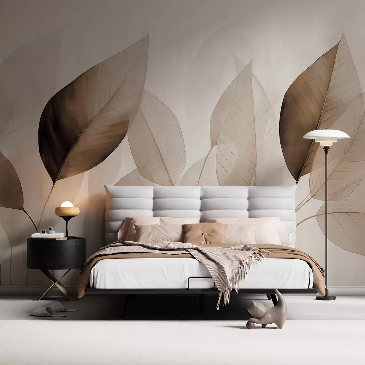 fototapeter Tekstureret maleri, der imiterer blade i brune og beige nuancer med fine årer og stilke w09400v1