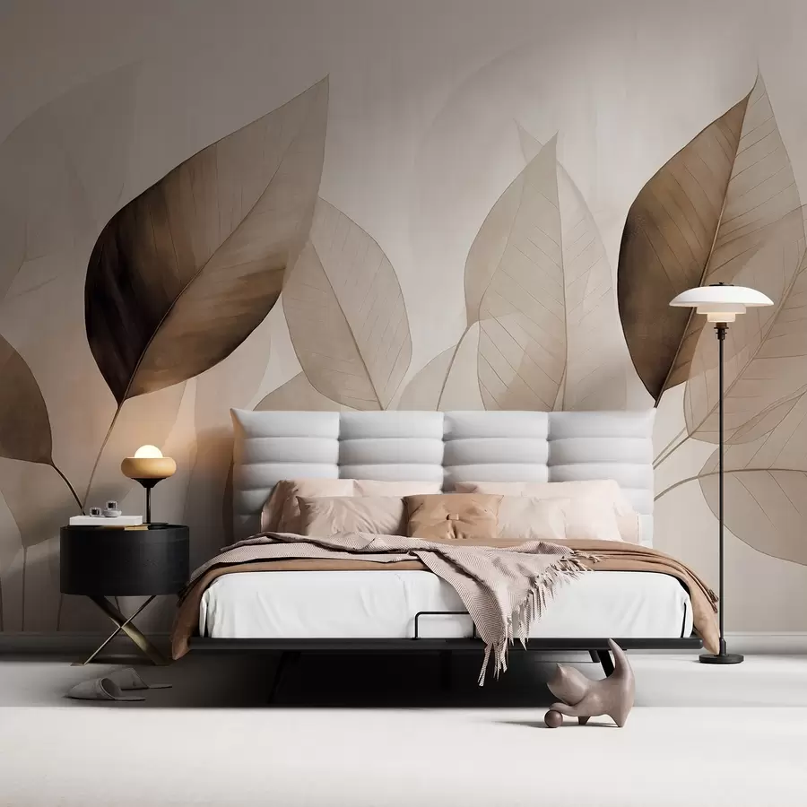 fototapeter Tekstureret maleri, der imiterer blade i brune og beige nuancer med fine årer og stilke w09400v1