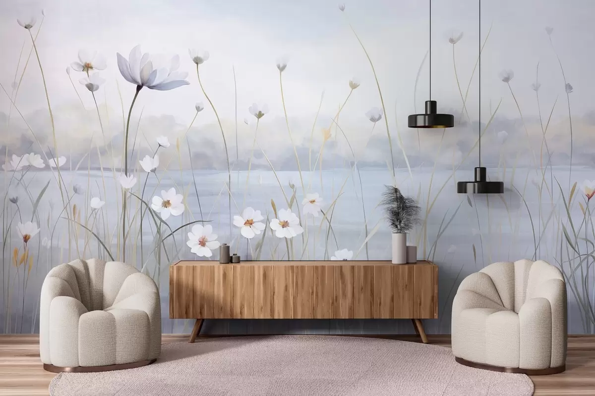 fototapeter Hvide blomster med lange stængler i en mark, lyseblå himmel, bløde farver, struktureret, minimalistisk stil, naturinspireret, rolig baggrund w09401