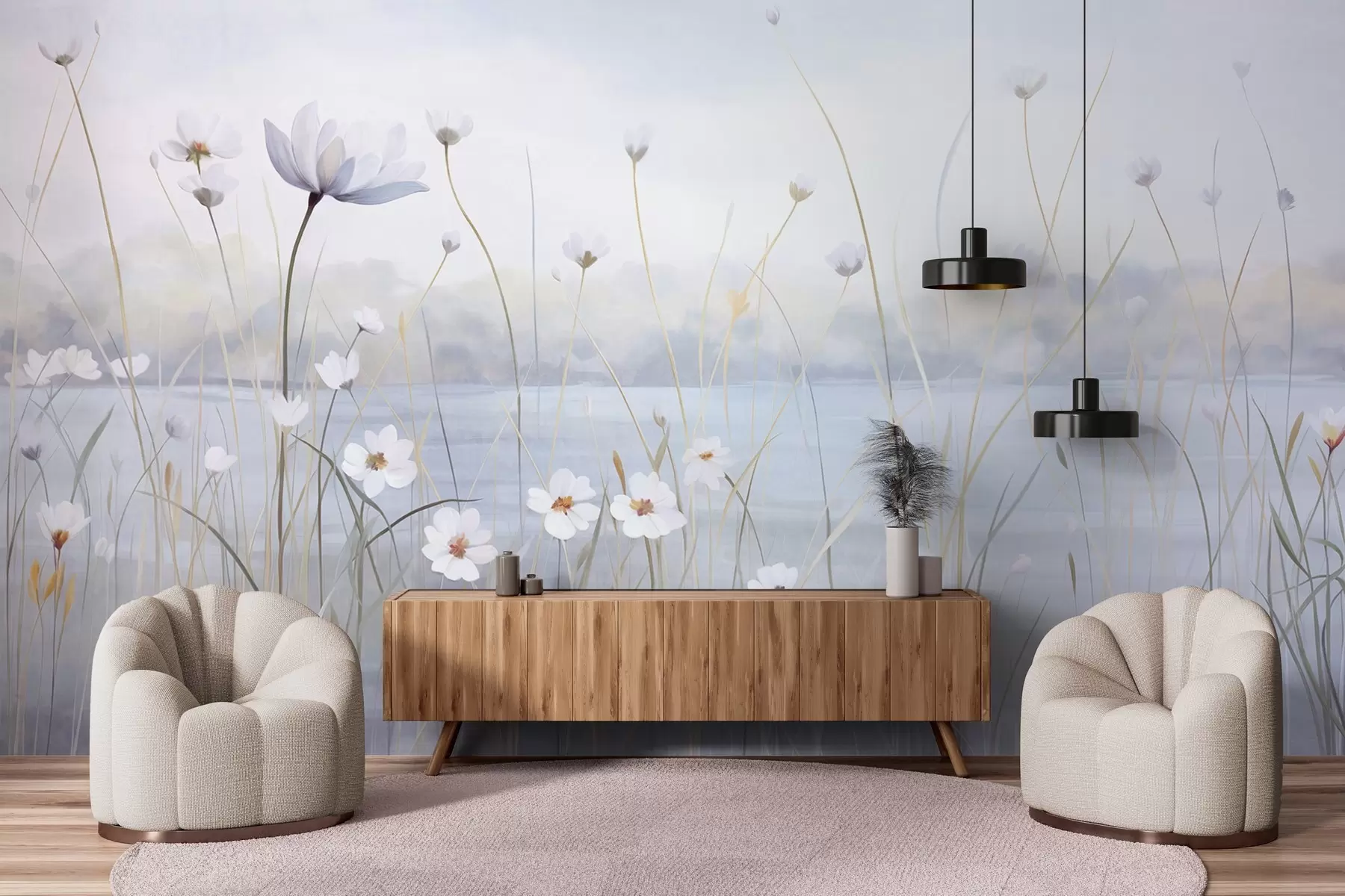 fototapeter Hvide blomster med lange stængler i en mark, lyseblå himmel, bløde farver, struktureret, minimalistisk stil, naturinspireret, rolig baggrund w09401