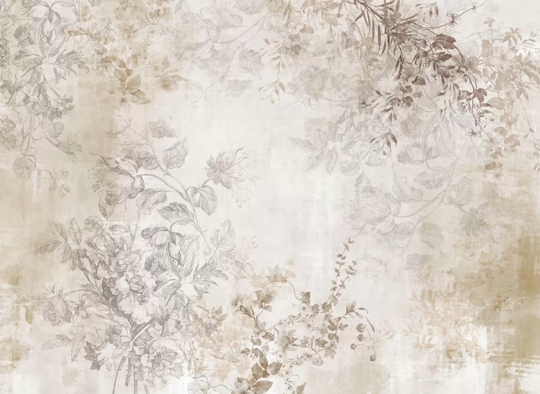 Fototapete Vintage-Blumenkunst mit strukturierter Oberfläche, zarten Gartenblumen und Blattillustrationen im Zeichenstil, sanften Pastelltönen in Beige und Sepia w09402