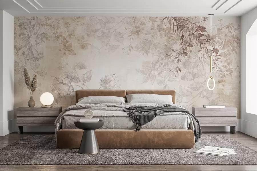 Murale Art floral vintage texturé avec des illustrations délicates de fleurs et de feuilles de jardin dessinées, dans des tons pastel beige et sépia doux w09402