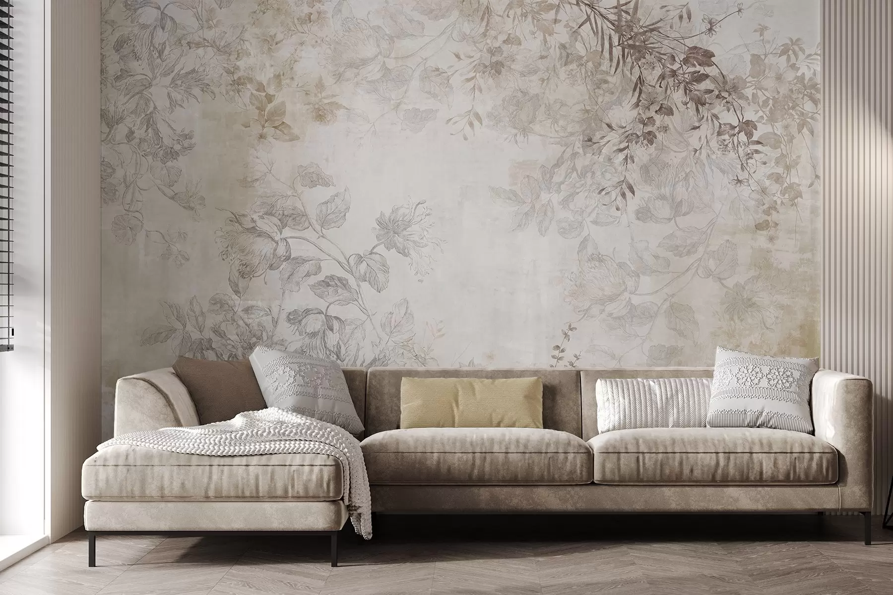 fototapeter Vintage blomsterkunst med tekstur og illustrationer af delikate haveblomster og blade i tegnet stil, bløde pastelfarver i beige og sepia w09402