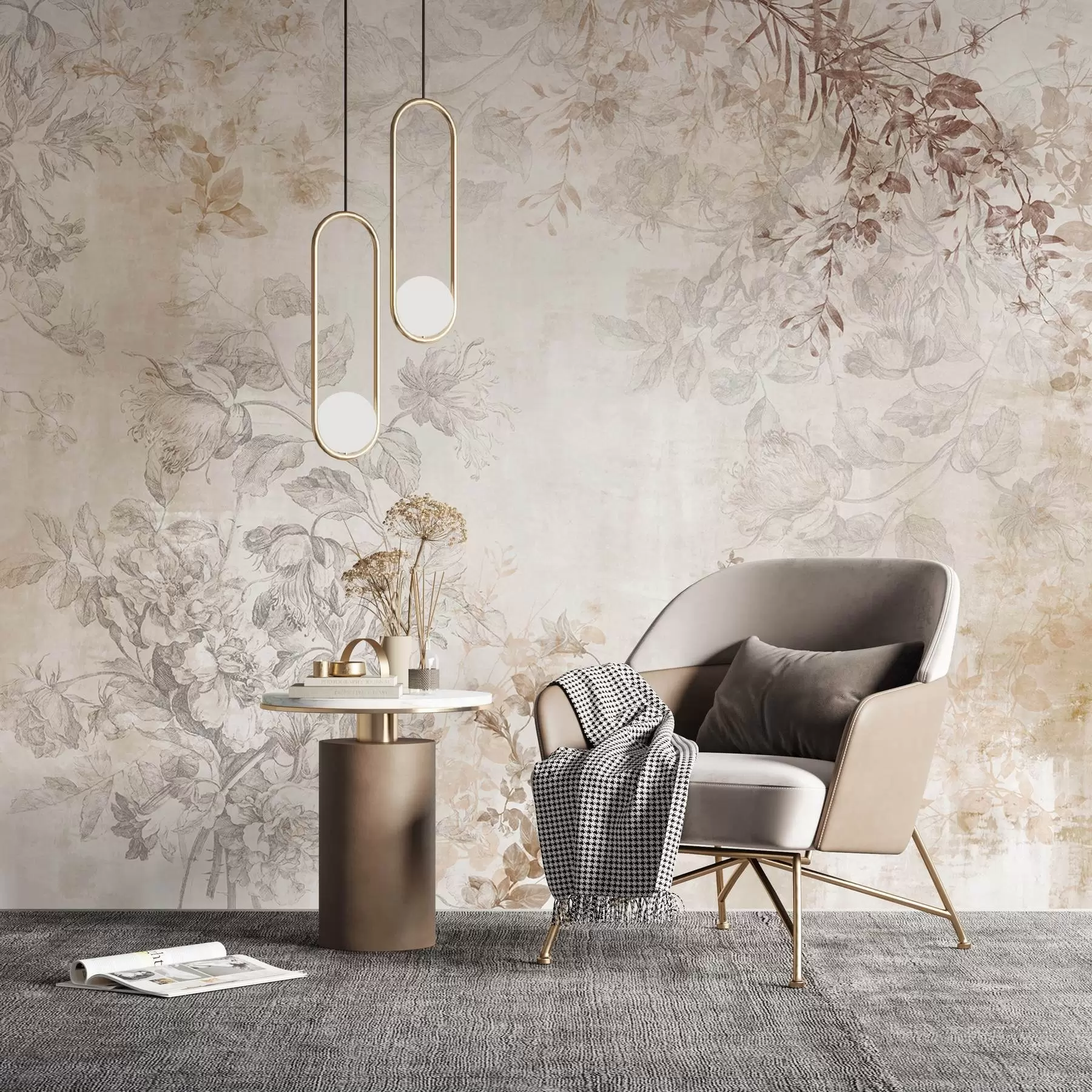fototapeter Vintage blomsterkunst med tekstur og illustrationer af delikate haveblomster og blade i tegnet stil, bløde pastelfarver i beige og sepia w09402