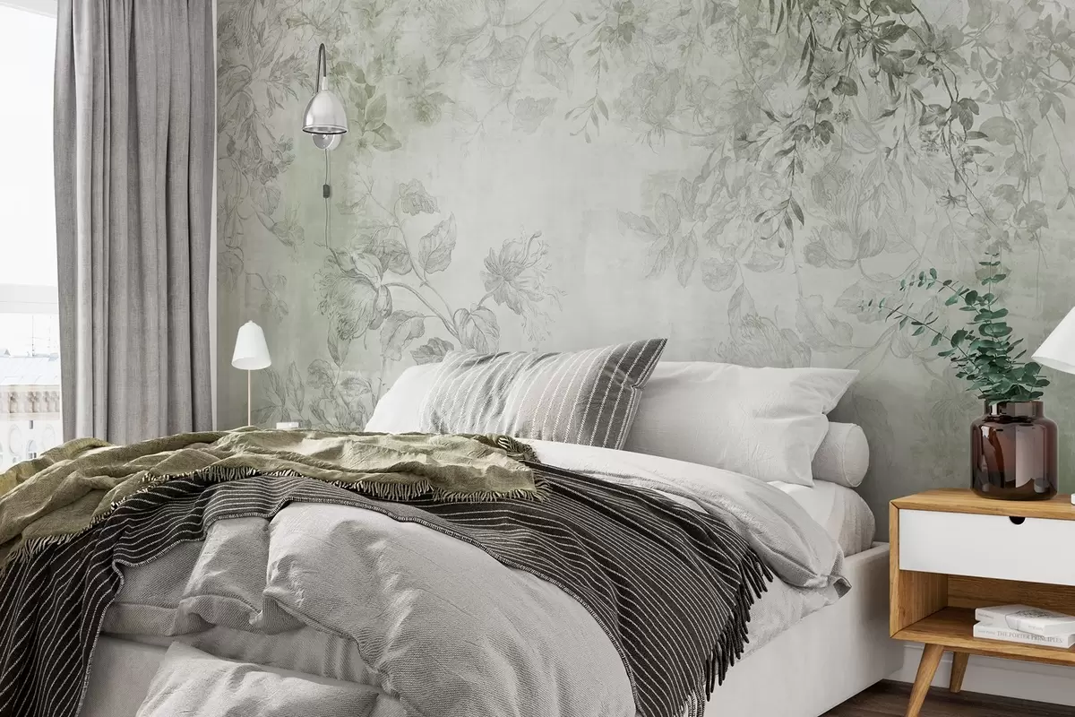 Murale Art floral vintage texturé avec des illustrations délicates de fleurs et de feuilles de jardin dessinées, dans des tons verts doux w09402v2