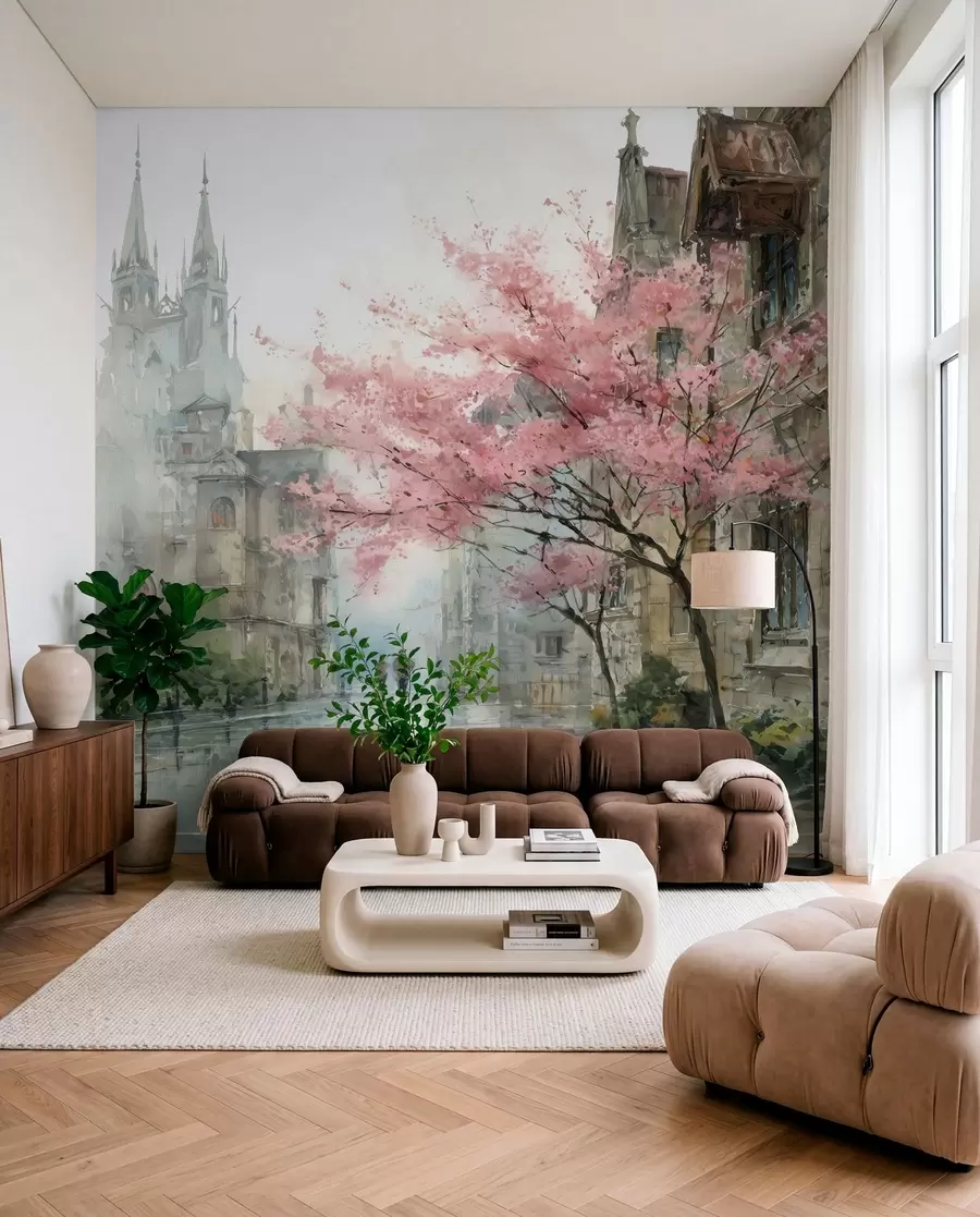 Murale paysage urbain de style aquarelle w04500