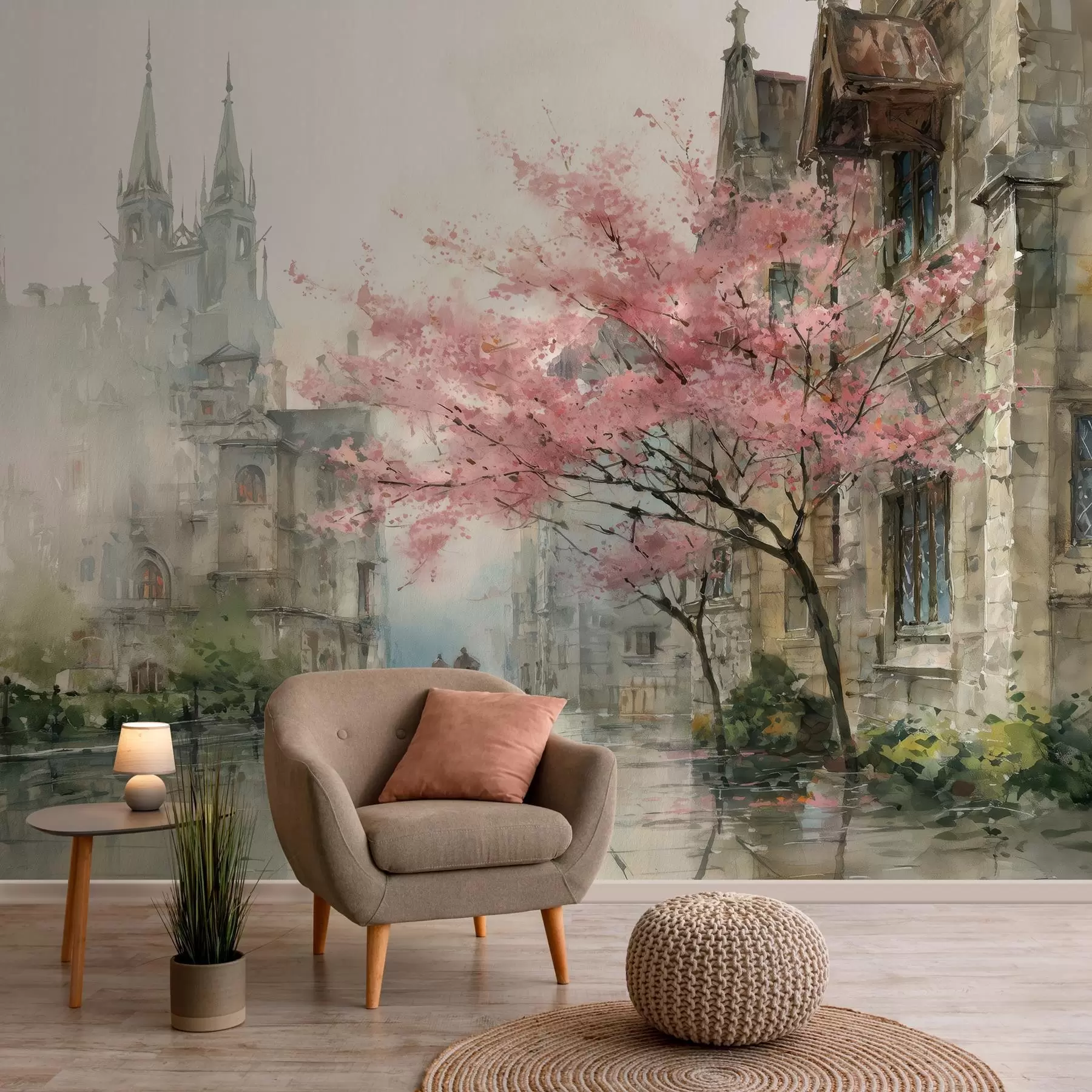 Murale paysage urbain de style aquarelle w04500