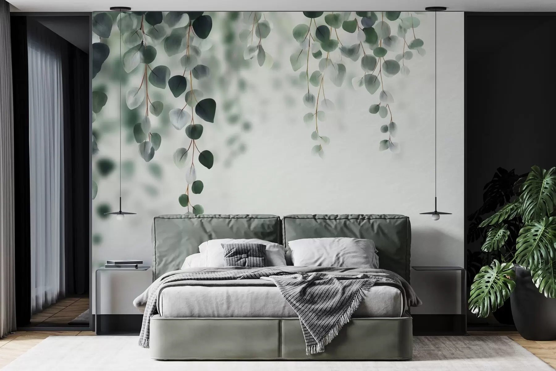 Murale Eucalyptus tombant sur un fond clair w04393