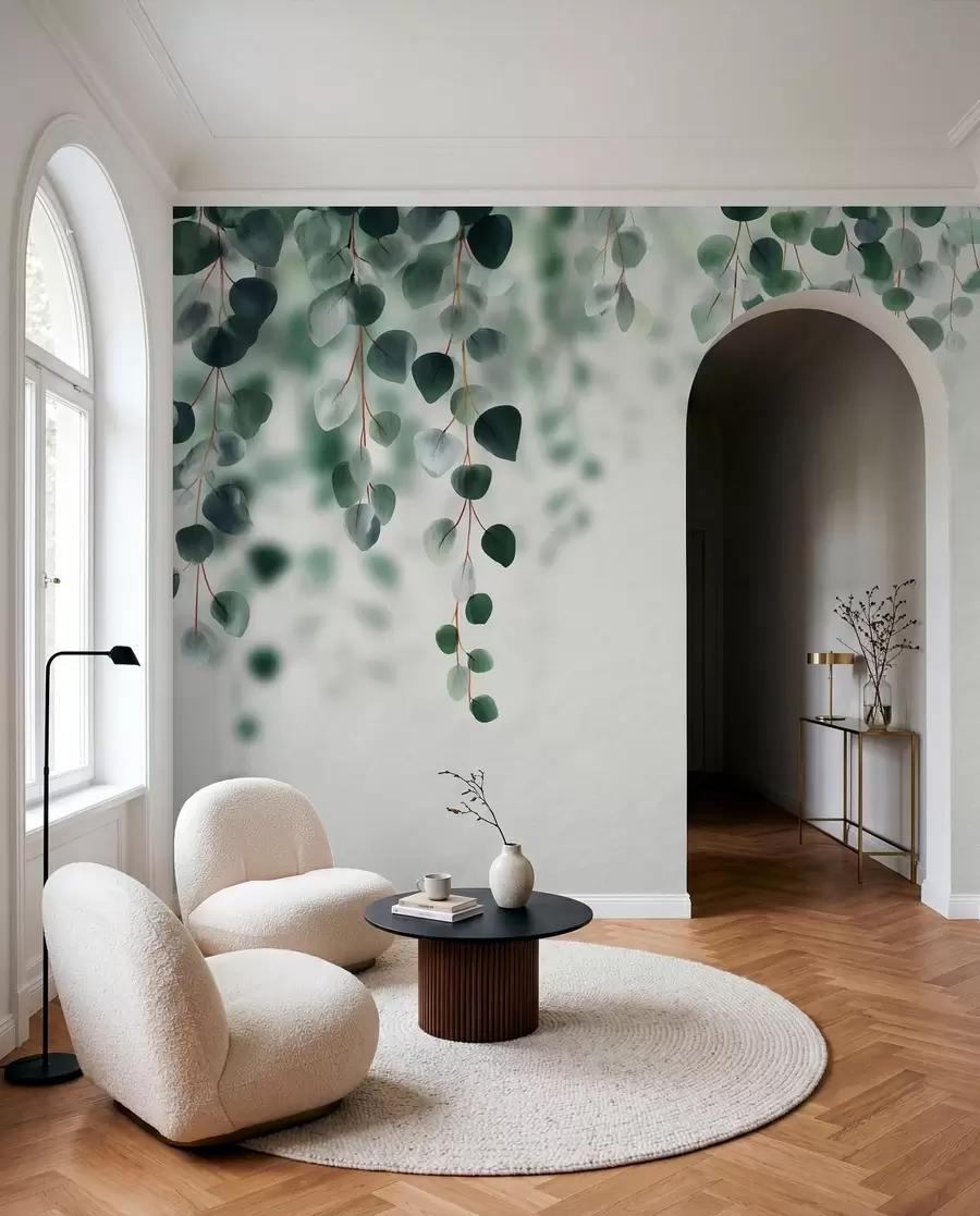 Murale Eucalyptus tombant sur un fond clair w04393