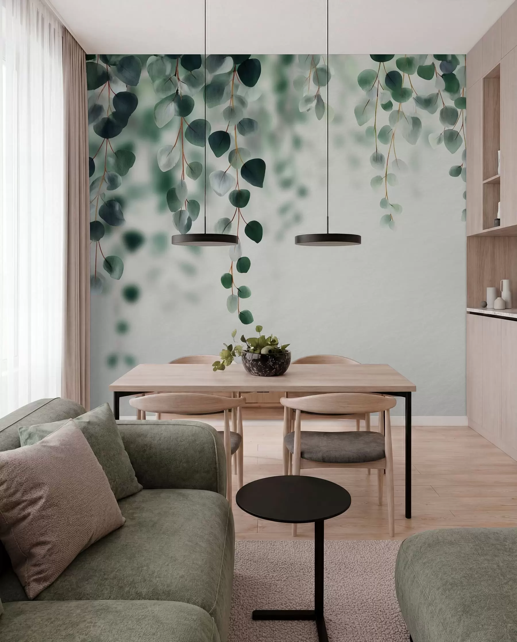 Murale Eucalyptus tombant sur un fond clair w04393
