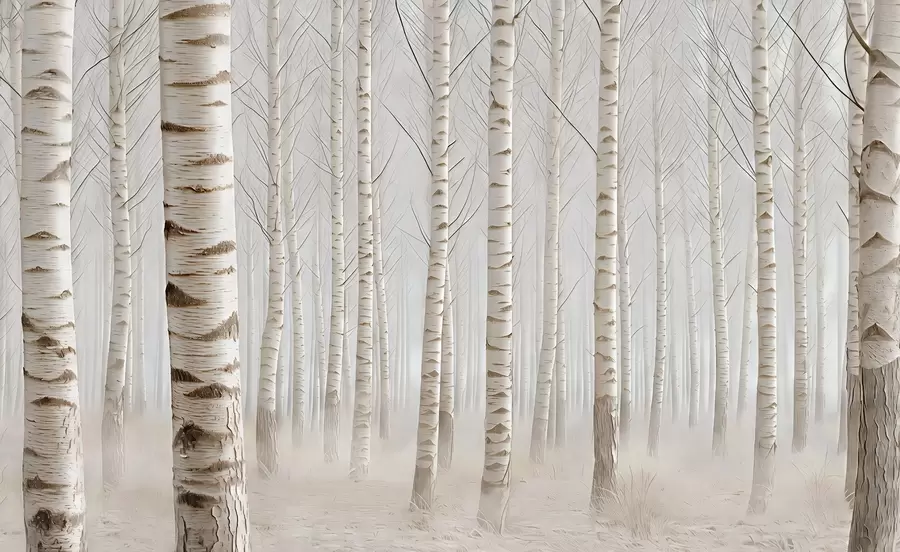 Murale Forêt de bouleaux dans le brouillard, minimalisme lumineux w04574