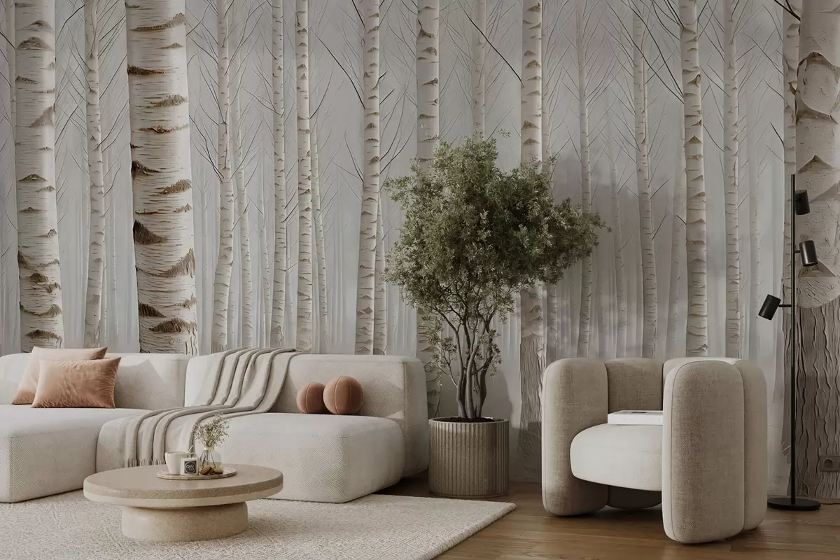 Fototapete Birkenwald im Nebel, leichter Minimalismus w04574