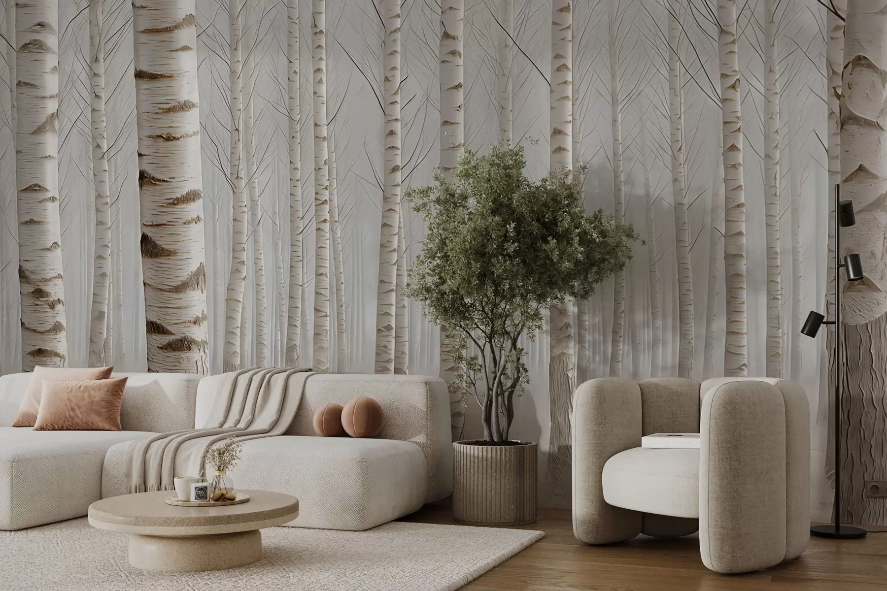 fototapeter Birkeskov i tågen, let minimalisme w04574