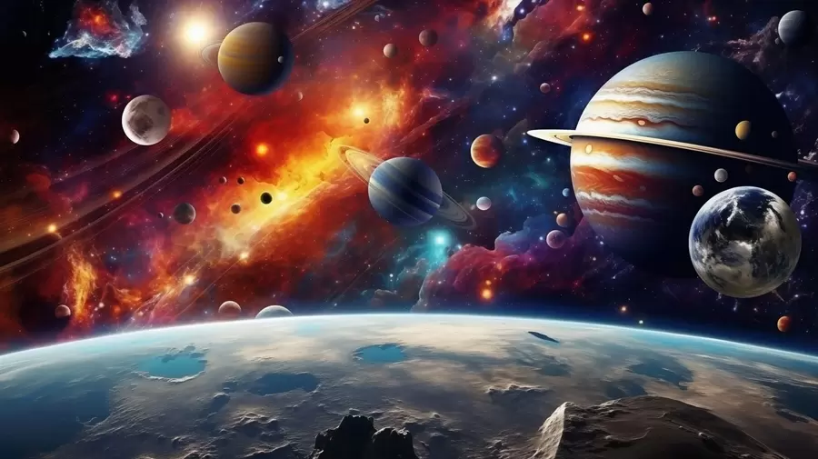 Fototapete Bunter Kosmos mit Planeten und Nebeln w04576