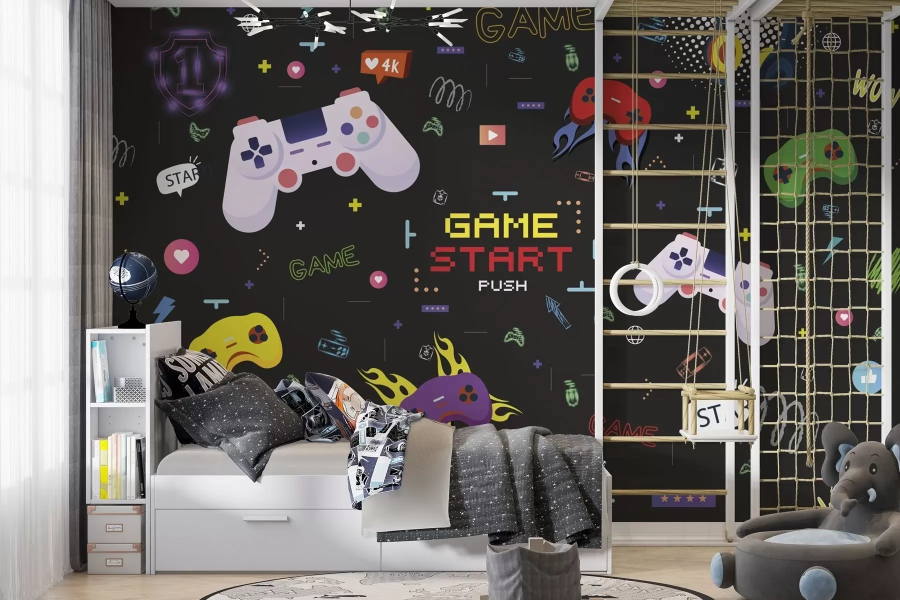 fototapeter Lyst gamer-mønster med konsoller og pixeleret tekst w04581