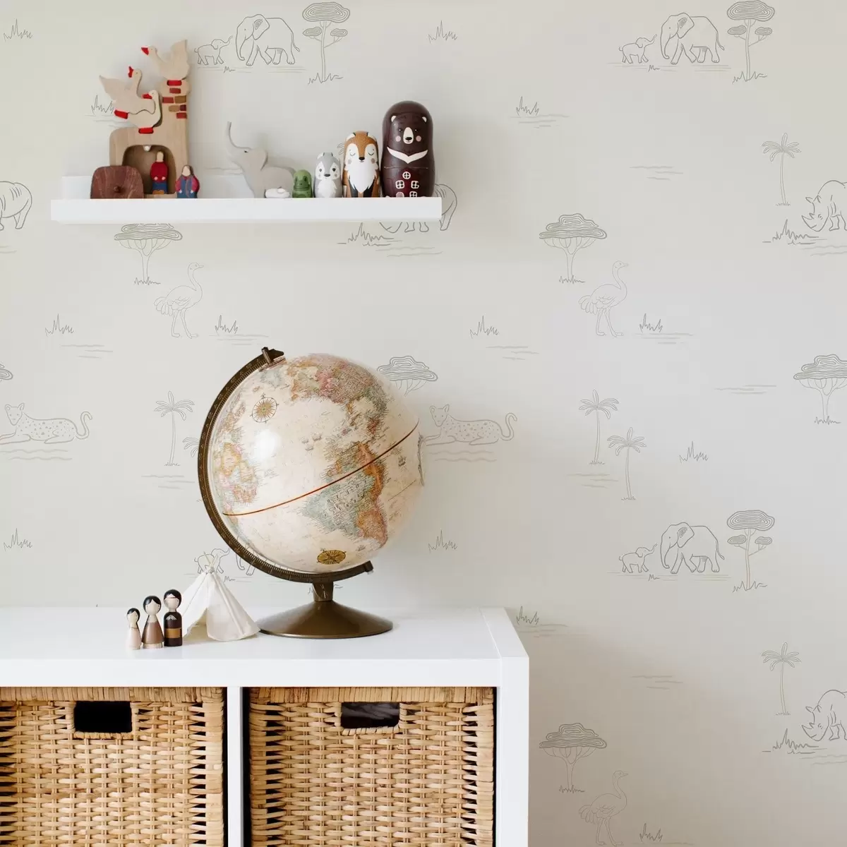 Tapete Minimalistische Safari: Elefanten, Nashörner, Leoparden und Palmen a00492