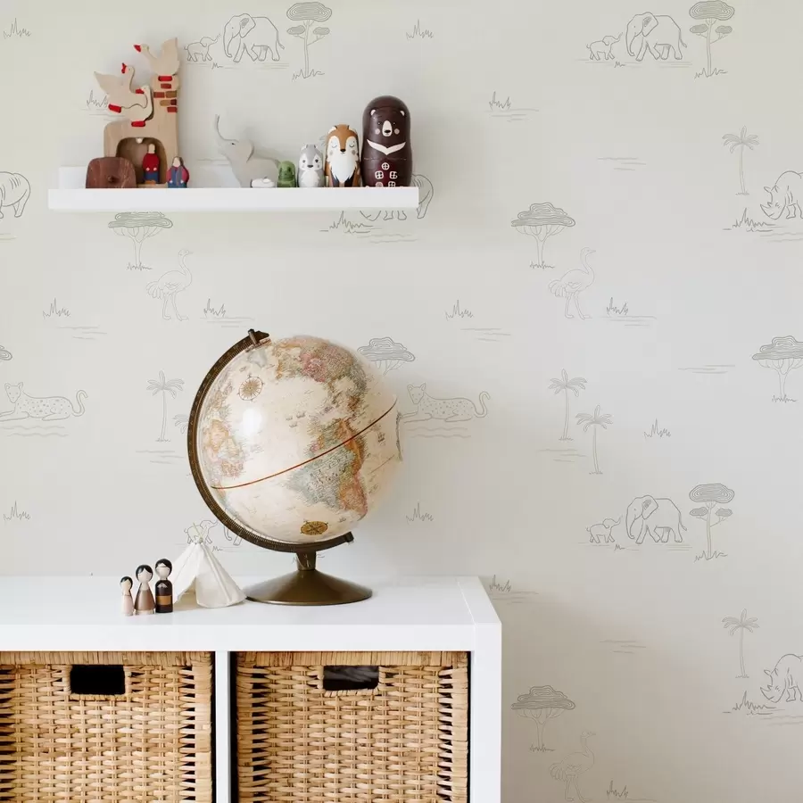 fototapeter Minimalistisk safari: elefanter, næsehorn, leoparder og palmer a00492